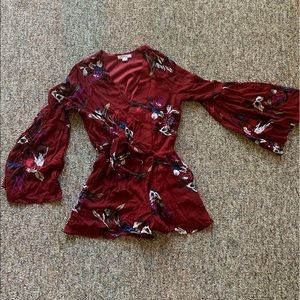 Burgundy floral print log sleeved romper size Med